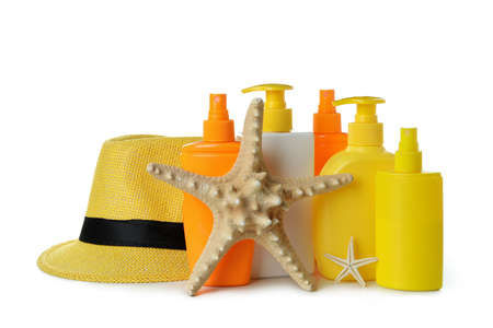 Sunscreens and summer accessories isolated on white backgroundの写真素材