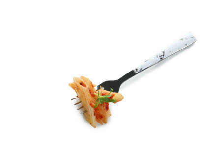 Fork with pasta and tomato sauce isolated on white background