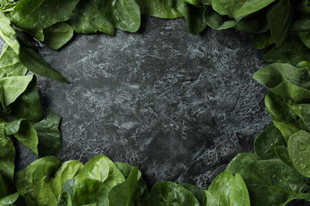 Spinach on black smokey background, space for textの写真素材