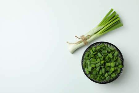 Fresh green onion on white background, top viewの写真素材