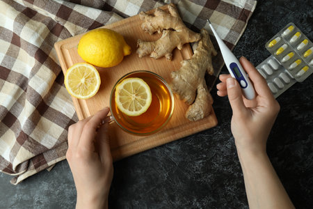 Female hands and alternative medicines, top viewの写真素材