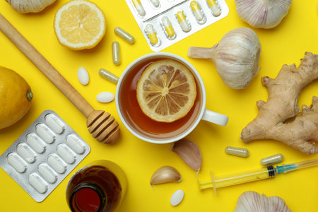 Concept of alternative cold treatment on yellow background, top viewの写真素材