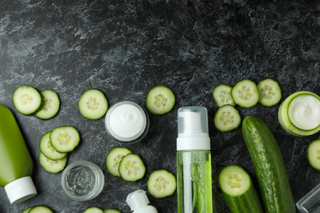 Concept of cucumber cosmetics on black smokey background, space for textの写真素材