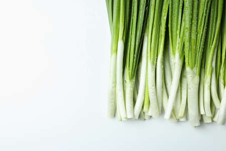 Fresh green onion with water drops, space for textの写真素材