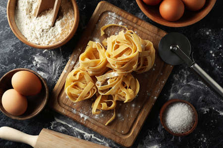 Concept of cooking tasty pasta, top viewの写真素材