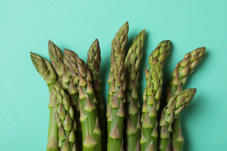 Fresh green asparagus on mint background, close upの写真素材