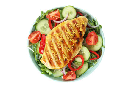 Salad with grilled chicken isolated on white backgroundの写真素材