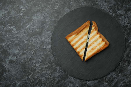 Tray with grilled sandwich on black smokey backgroundの写真素材