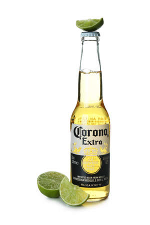 Bottle of Corona Extra and lime isolated on white background