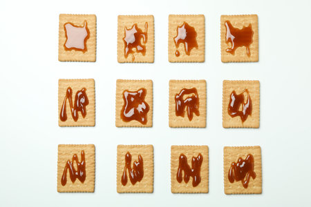 Cookies with caramel on white background, top viewの写真素材