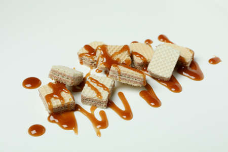 Wafers with caramel on white background, close upの写真素材