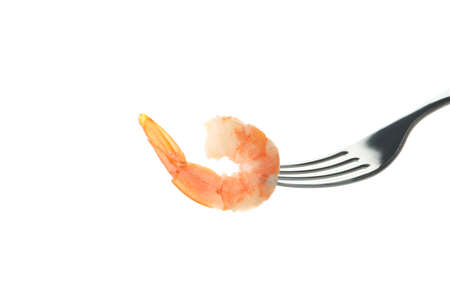 Fork with shrimp isolated on white backgroundの写真素材