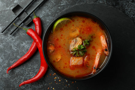 Concept of tasty eating with Tom yum soup on black smokey backgroundの写真素材