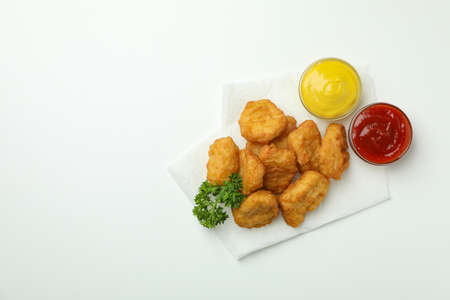 Concept of tasty eating with fried chicken on white backgroundの写真素材