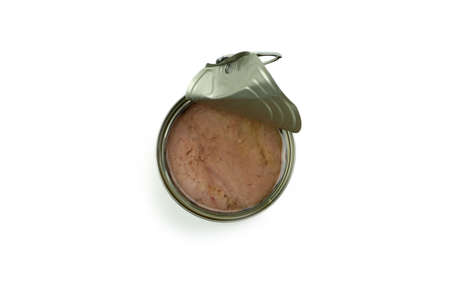 Tin with canned tuna isolated on white backgroundの写真素材
