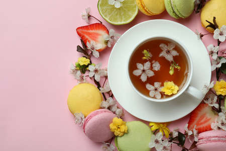 Concept of sweet breakfast on pink backgroundの写真素材