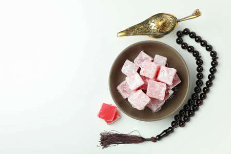 Concept of tasty food with turkish delight on white backgroundの写真素材