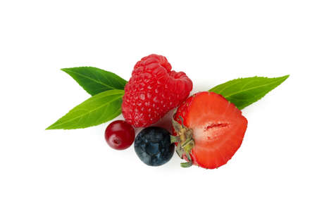 Delicious berry mix isolated on white backgroundの写真素材