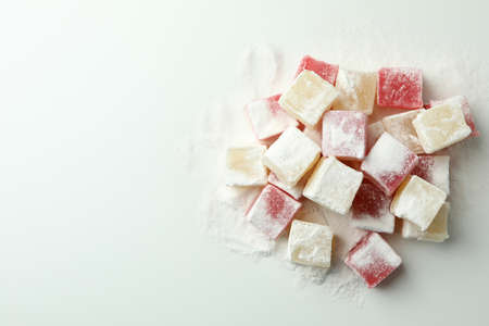 Delicious turkish delight on white background, top view