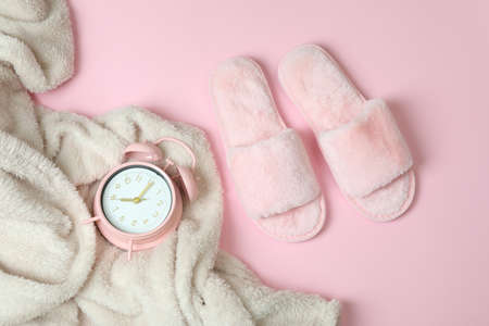 Female sleep routine accessories on pink backgroundの写真素材