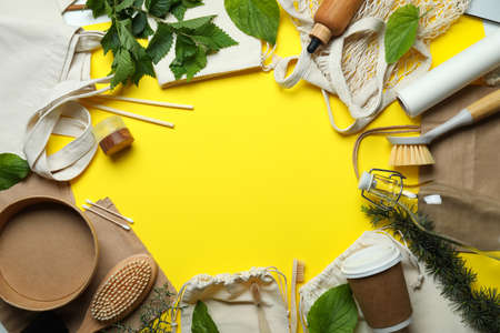 Eco friendly zero waste concept on yellow backgroundの写真素材