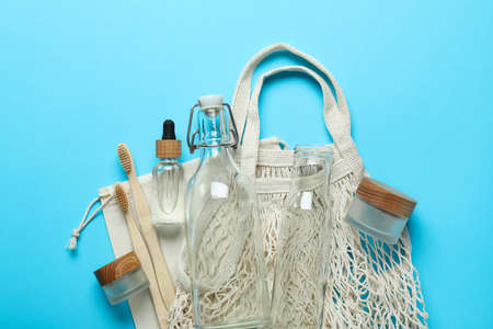 Eco friendly zero waste concept on blue backgroundの写真素材