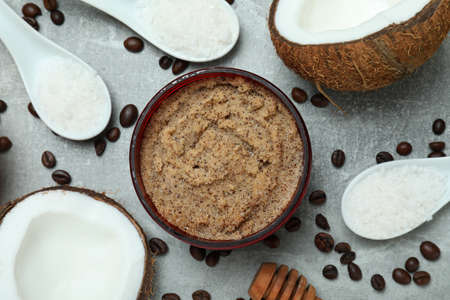 Skin care scrub concept on gray textured backgroundの写真素材