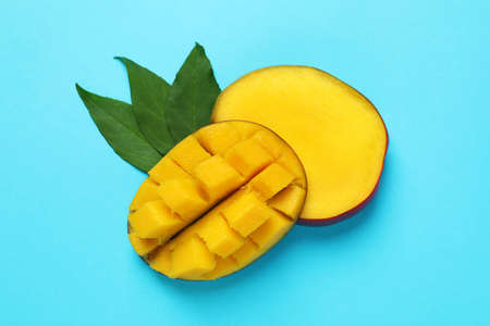 Tasty ripe mango fruit on blue backgroundの写真素材