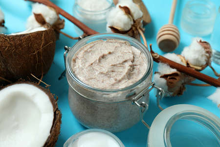 Skin care scrub concept on blue backgroundの写真素材