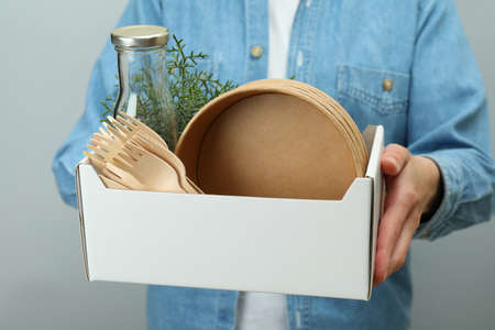 Eco friendly zero waste concept on light gray backgroundの写真素材