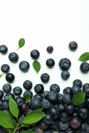 Fresh blueberry with leaves on white backgroundの写真素材