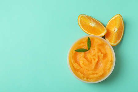 Cosmetic skin care scrub on mint backgroundの写真素材