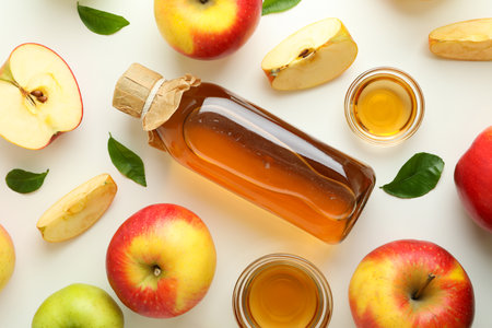 Homemade apple vinegar and ingredients on white backgroundの写真素材