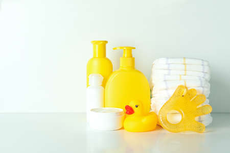 Different baby hygiene accessories on white backgroundの写真素材