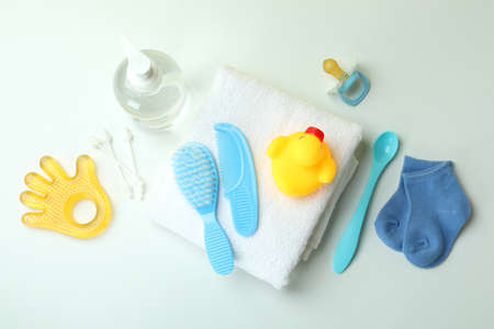 Different baby hygiene accessories on white backgroundの写真素材