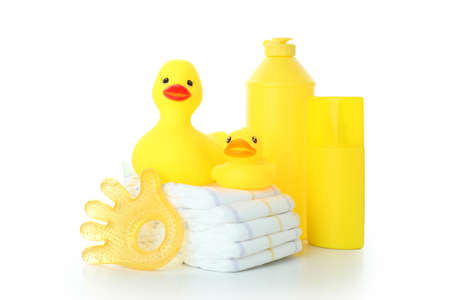 Baby hygiene accessories isolated on white backgroundの写真素材