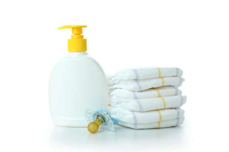 Baby hygiene accessories isolated on white backgroundの写真素材