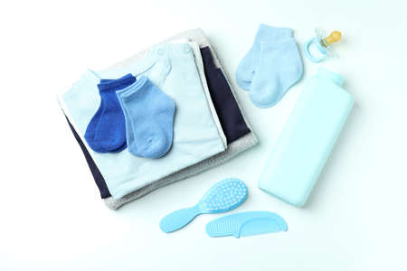 Different baby hygiene accessories on white backgroundの写真素材