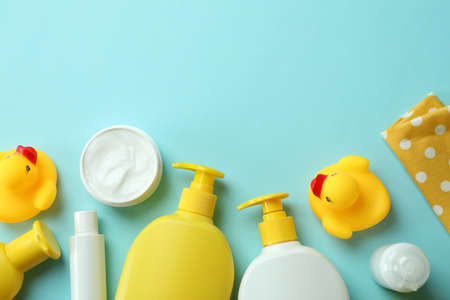Different baby hygiene accessories on blue backgroundの写真素材