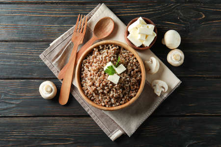 Concept of tasty eating with buckwheat on wooden tableの写真素材