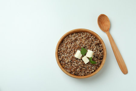 Concept of tasty eating with buckwheat on white backgroundの写真素材