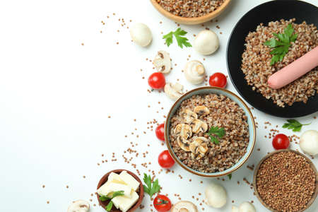 Concept of tasty eating with buckwheat on white backgroundの写真素材