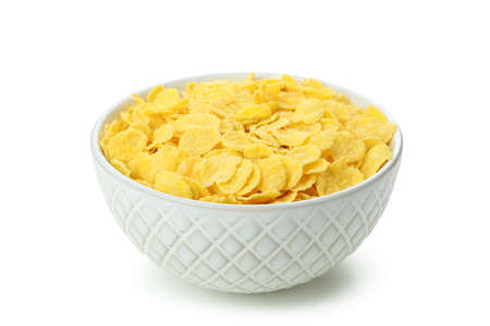 Bowl of corn flakes isolated on white backgroundの写真素材