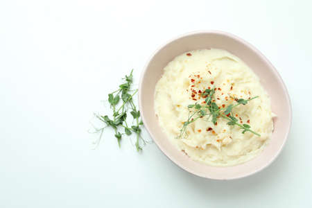 Plate of mashed potatoes on white backgroundの写真素材