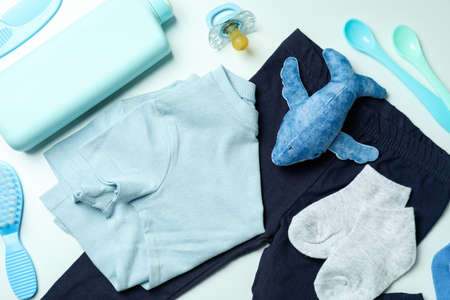 Different baby hygiene accessories on white background