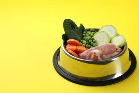 Concept of organic pet food on yellow backgroundの写真素材