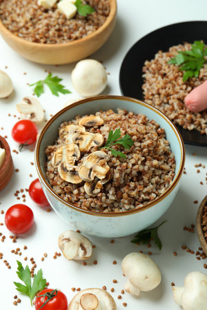 Concept of tasty eating with buckwheat on white backgroundの写真素材