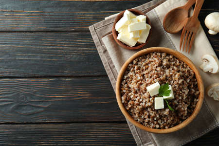 Concept of tasty eating with buckwheat on wooden tableの写真素材