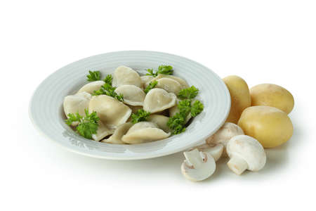 Concept of tasty food with vareniki or pierogi isolated on white backgroundの写真素材