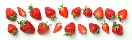 Fresh tasty strawberry with leaves on white backgroundの写真素材